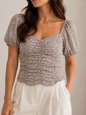 Paper Crane Smocked Leopard Print Puff Sleeve Crop Top Brown Cream Women's Small
